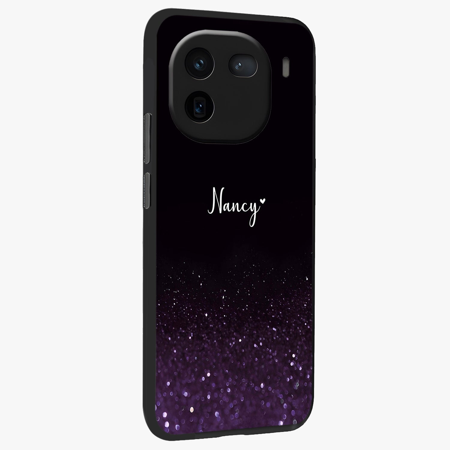 Glittery Purple Bokeh Custom Name Glass Case upright view showcasing vibrant purple sparkle artwork with personalized aesthetic style.