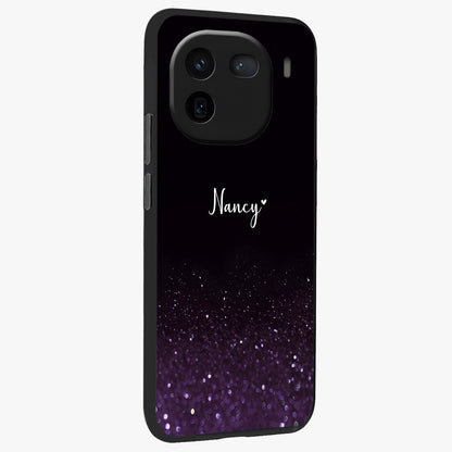Glittery Purple Bokeh Custom Name Glass Case upright view showcasing vibrant purple sparkle artwork with personalized aesthetic style.