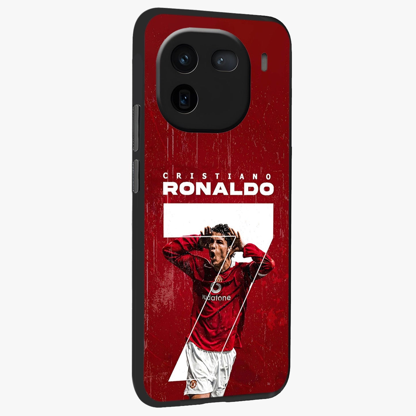 Goal Celebration Legacy Glass Case upright view showcasing dynamic football inspired artwork with victory celebration aesthetic.