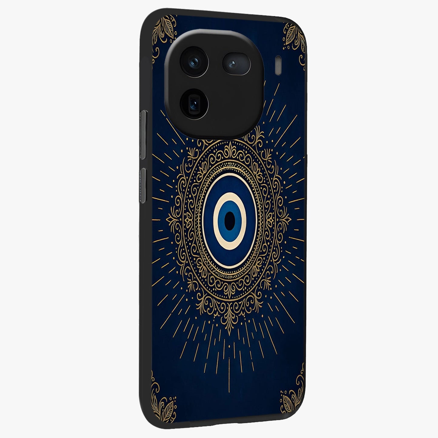 Golden Celestial Charm Glass Case upright view showcasing radiant celestial artwork with elegant golden theme.