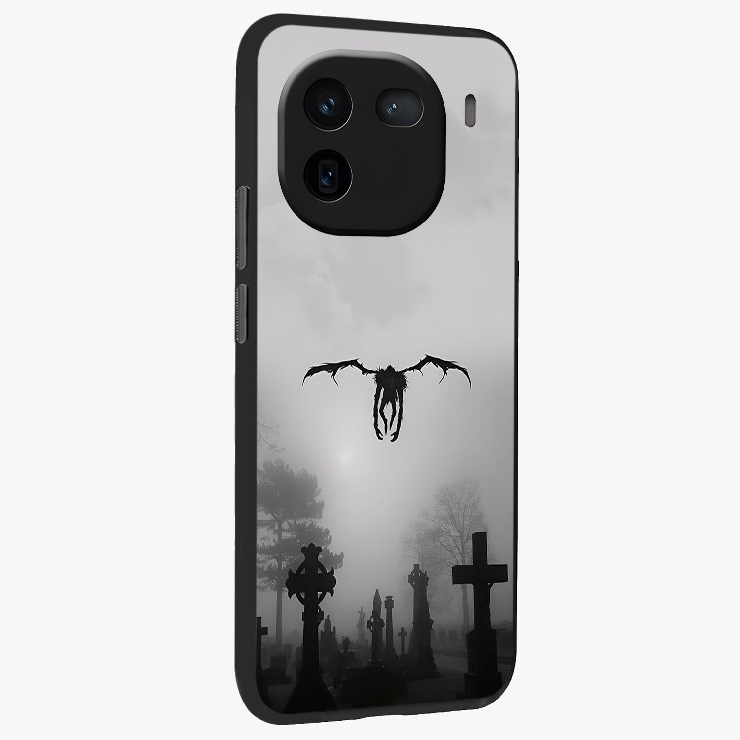 Graveyard Shadow Descent Glass Case upright view showcasing haunting graveyard artwork with dramatic dark theme.