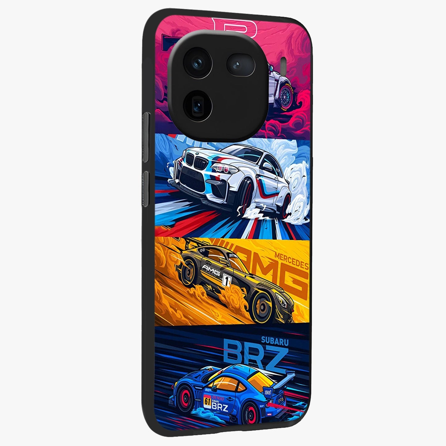 JDM Sports Car Glass Case upright view showcasing dynamic sports car artwork with bold racing theme.