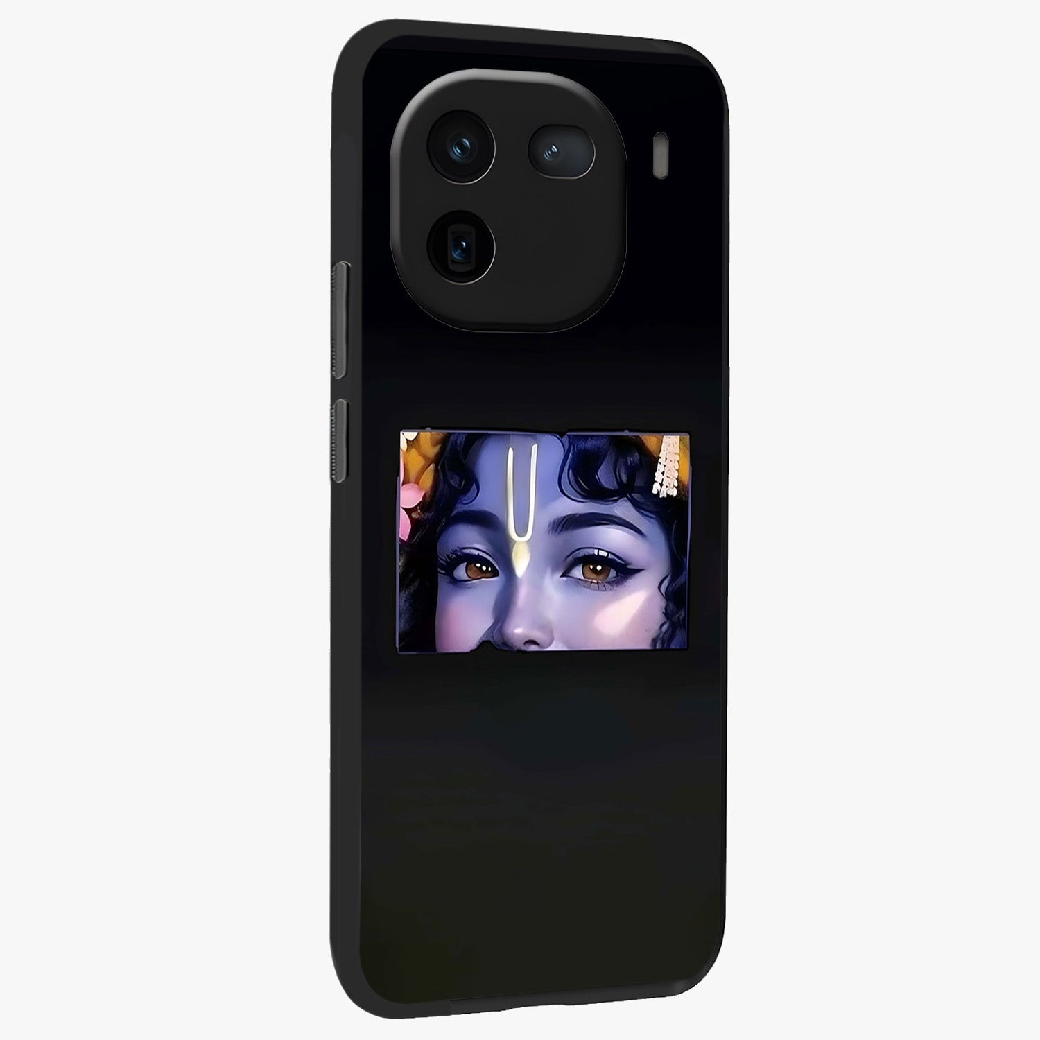 Krishna Divine Embrace Glass Case upright view showcasing sacred Krishna artwork with peaceful devotional theme.