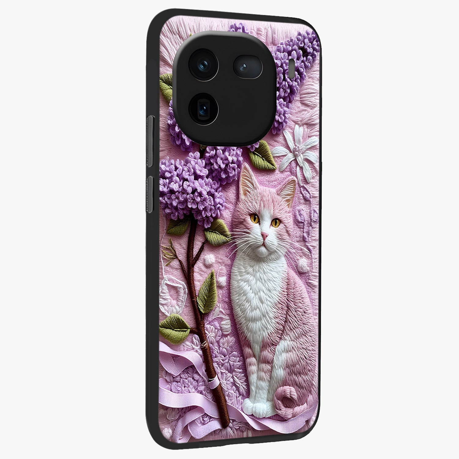 Lavender Cat Whimsy Glass Case upright view showcasing charming cat artwork with whimsical lavender theme.