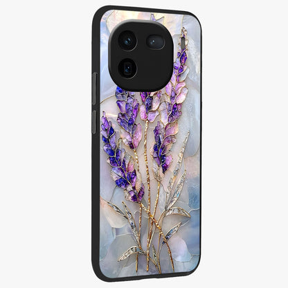 Lavender Dream Glow Glass Case upright view showcasing radiant lavender glow artwork with calming dreamy theme.