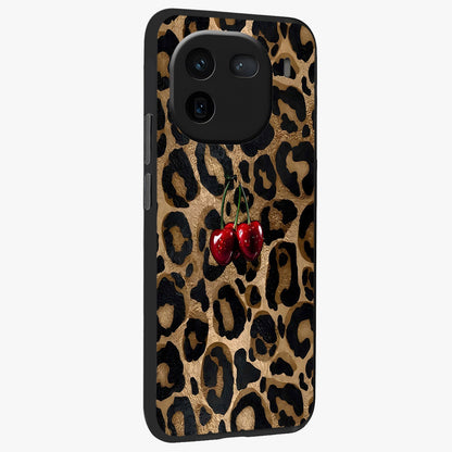 Leopard Wild Cherry Glass Case upright view showcasing stylish leopard pattern artwork with trendy fashion theme.