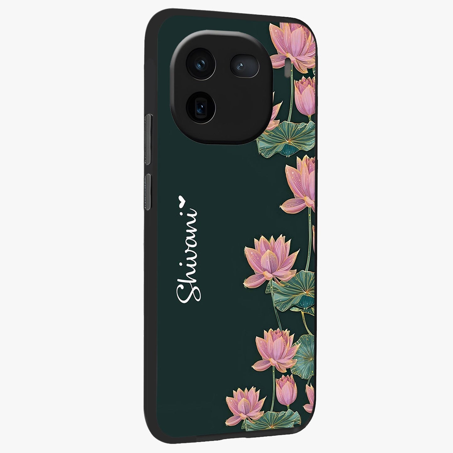 Lotus Bloom Serenity Custom Name Glass Case upright view showcasing serene lotus bloom artwork with personalized floral aesthetic.