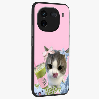 Love Matcha Cat Glass Case upright view showcasing adorable cat artwork with charming matcha themed design.