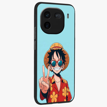 Luffy Summer Anime Vibe Glass Case upright view showcasing dynamic anime artwork with bright adventurous theme.
