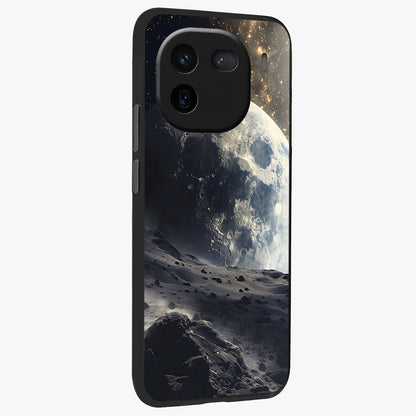 Lunar Horizon Glow Glass Case upright view showcasing radiant lunar artwork with calm cosmic theme.
