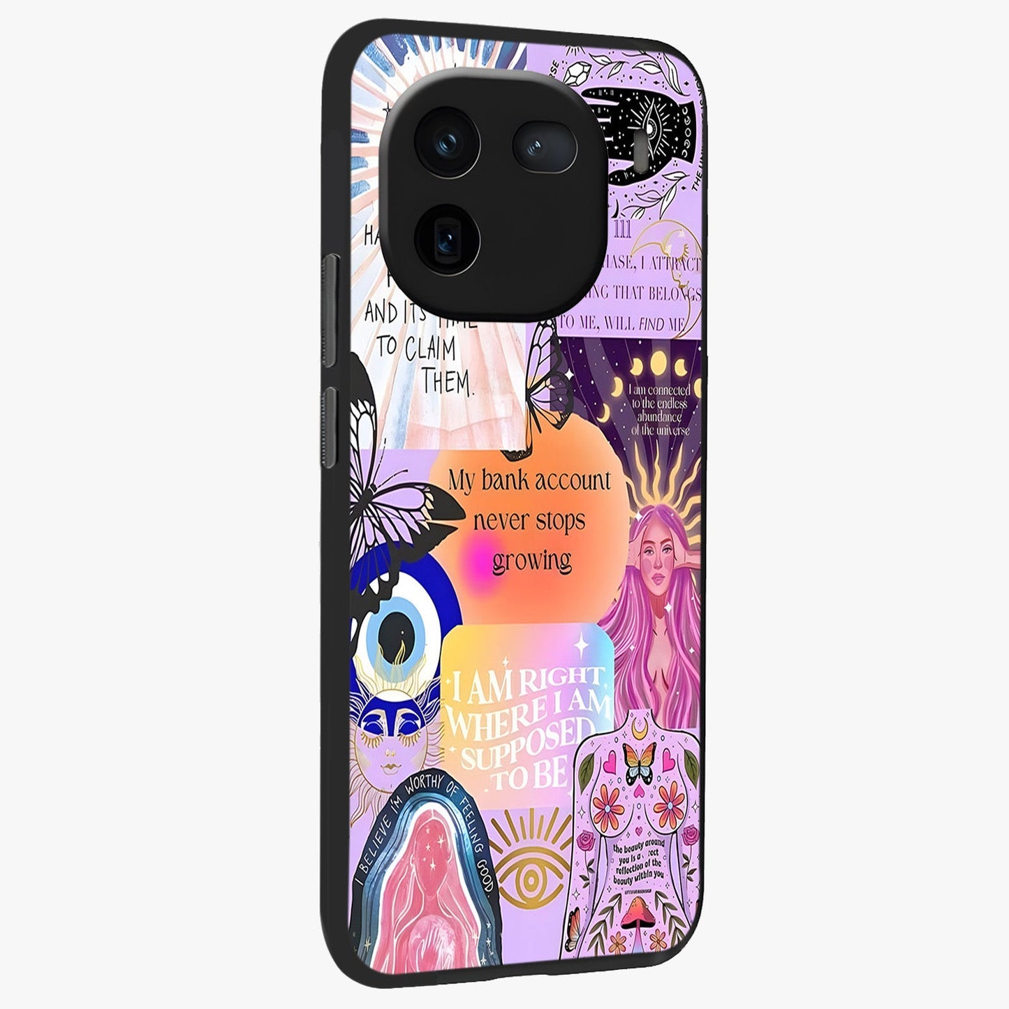 Manifestation Collage Glass Case upright view showcasing artistic manifestation themed artwork with creative style.