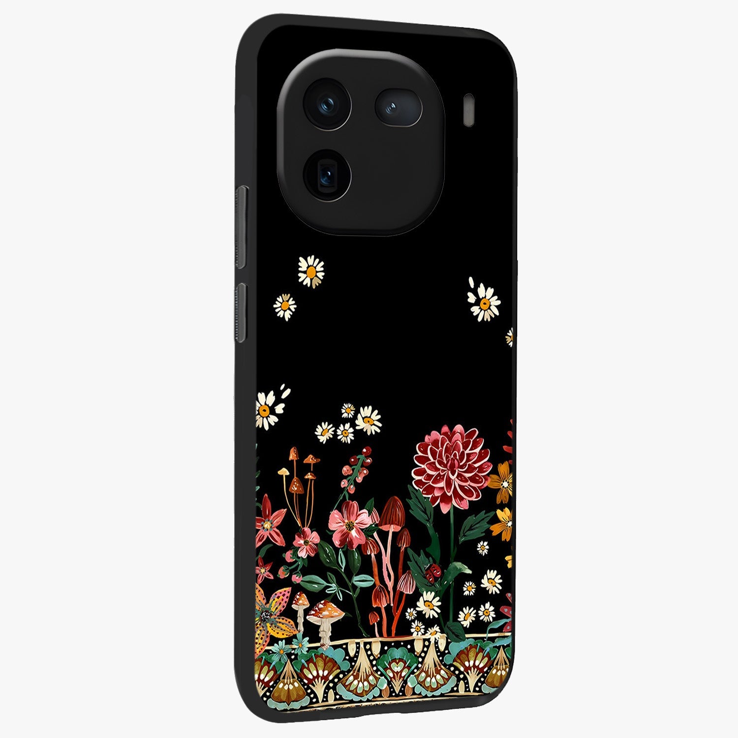 Midnight Bloom Pattern Glass Case upright view showcasing decorative floral artwork with deep night themed palette.