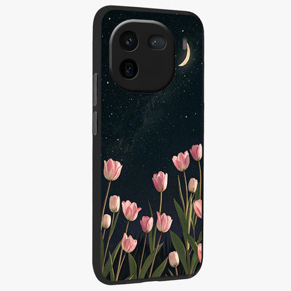 Midnight Tulip Whispers Vibe Glass Case upright view showcasing graceful tulip artwork with calm botanical theme.
