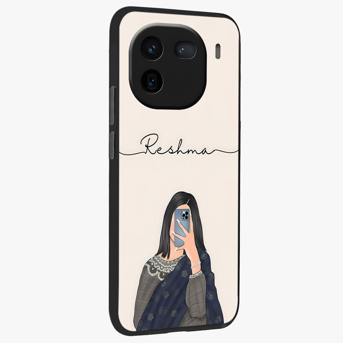 Mirror Mood Muse With Custom Name Glass Case upright view showcasing artistic mirror themed artwork with personalized aesthetic.