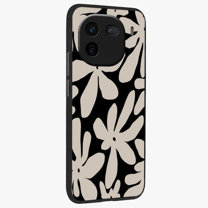 Monochrome Petal Dance Glass Case upright view showcasing artistic floral pattern with stylish monochrome theme.