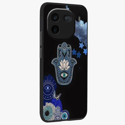 Mystic Hand Aura Glass Case upright view showcasing symbolic hand artwork with mystical energy theme.