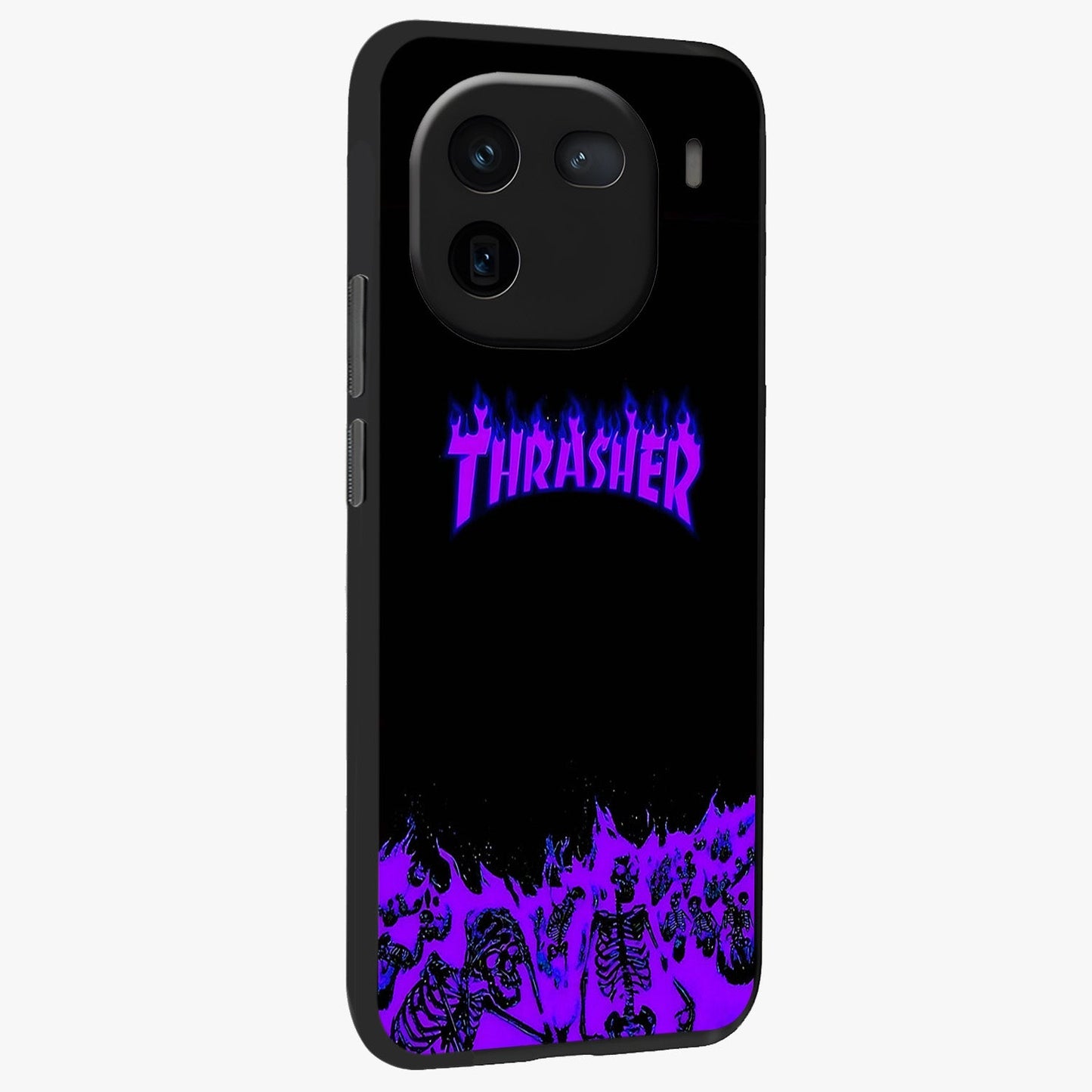 Neon Flame Riot Glass Case upright view showcasing dynamic flame artwork with energetic neon theme.