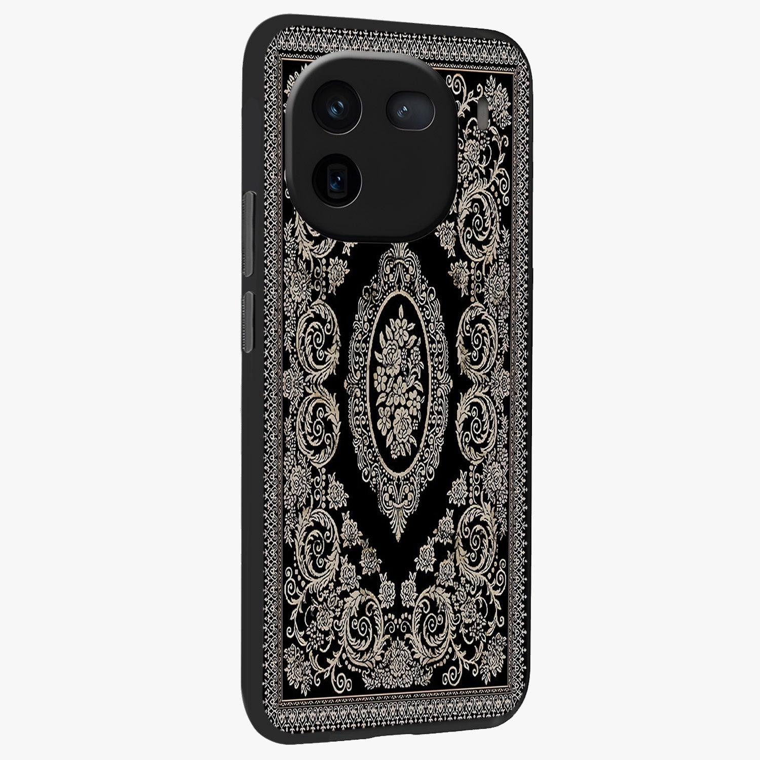 Noir Bloom Elegance Glass Case upright view showcasing graceful floral artwork with luxurious dark theme.