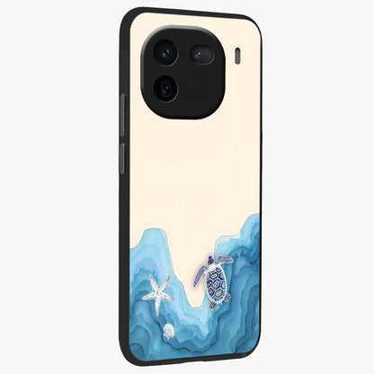 Ocean Drift Turtle Glass Case upright view showcasing calm underwater turtle artwork with nature inspired theme.
