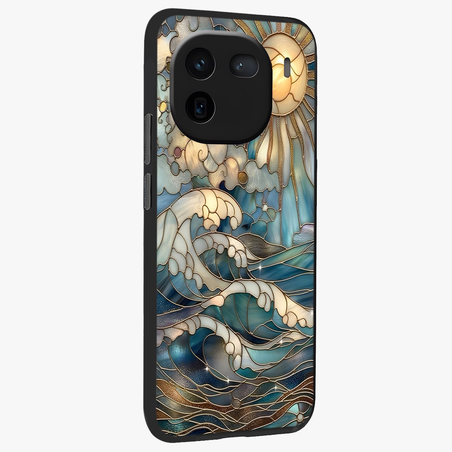Oceanic Stained Printed Glass Case upright view showcasing decorative ocean pattern artwork with vibrant marine theme.