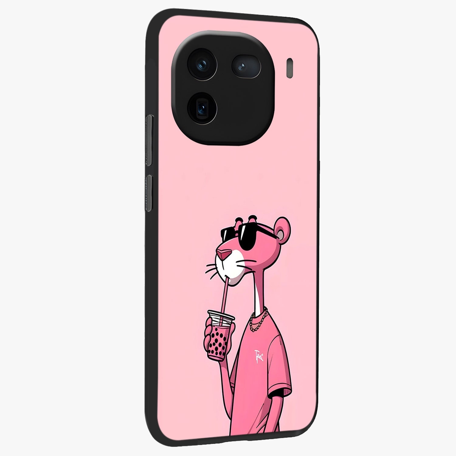 Pink Panther Glass Case upright view showcasing fun animated artwork with stylish retro cartoon theme.