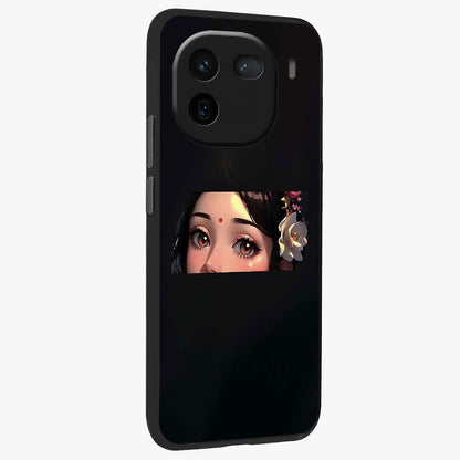 Radha Divine Embrace Glass Case upright view showcasing sacred Radha themed artwork with peaceful devotional style.