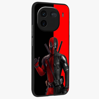 Red & Black Deadpool Theme Glass Case upright view showcasing energetic comic themed artwork with striking red and black design.