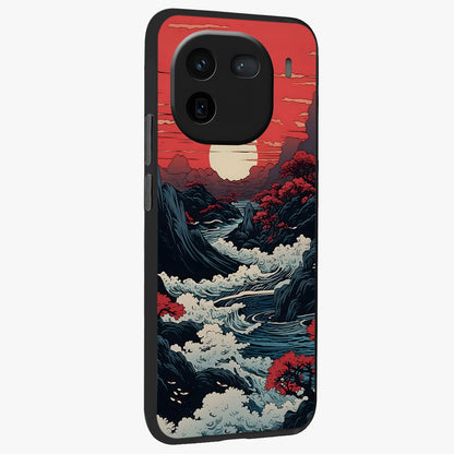 Red Sunset Scenery Glass Case upright view showcasing dramatic sunset scenery artwork with warm nature theme.