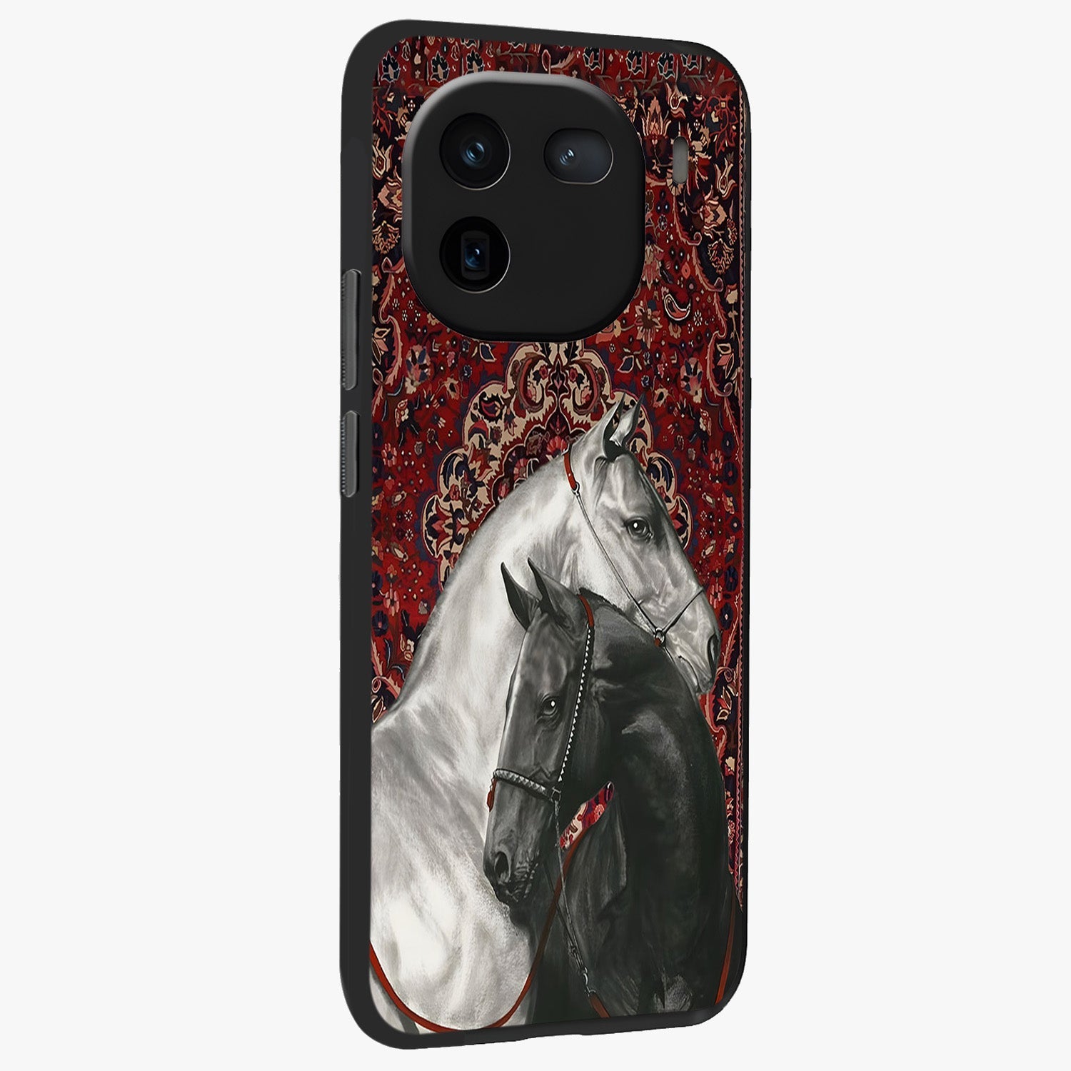 Regal Stallion Tapestry Glass Case upright view showcasing powerful horse artwork with elegant tapestry theme.
