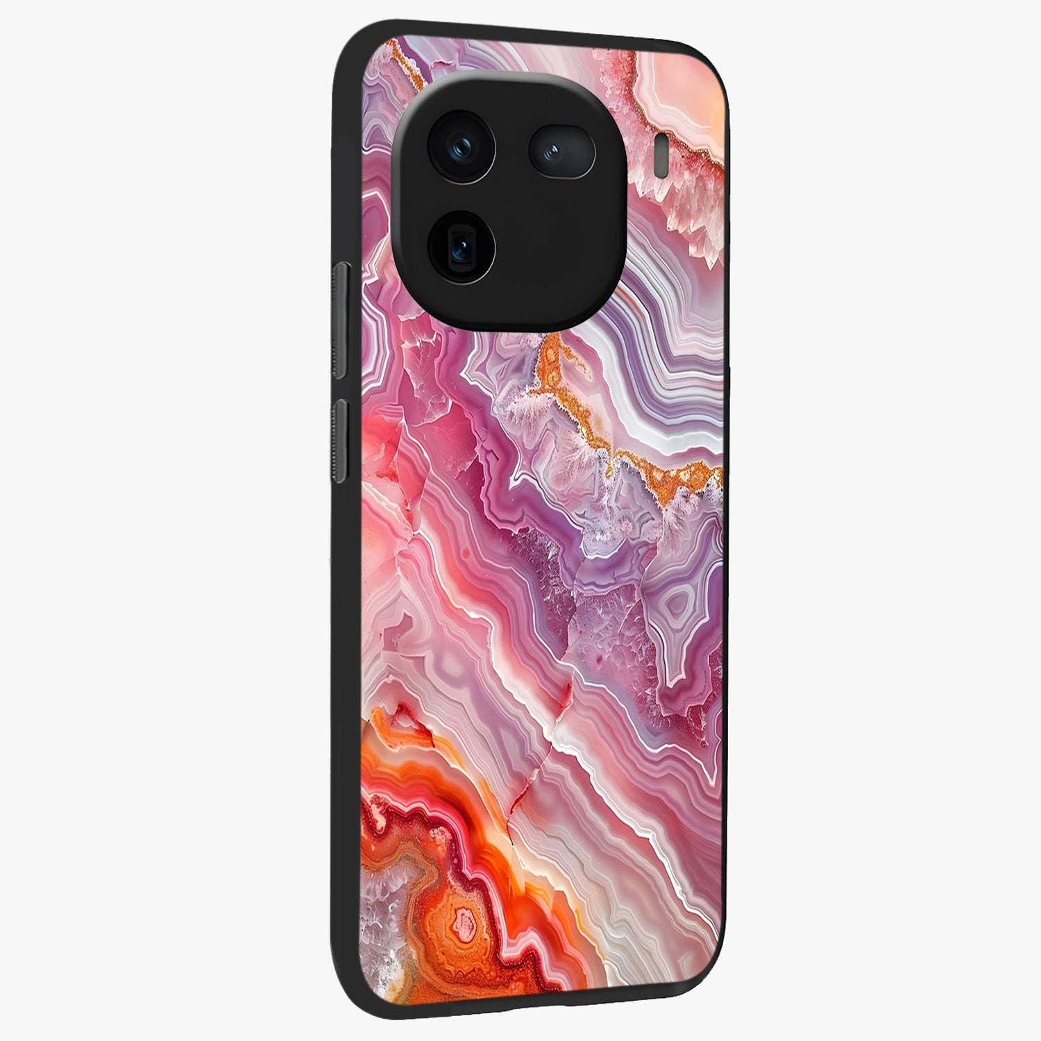 Rose Quartz Marble Glass Case upright view showcasing decorative marble artwork with luxurious pastel theme.