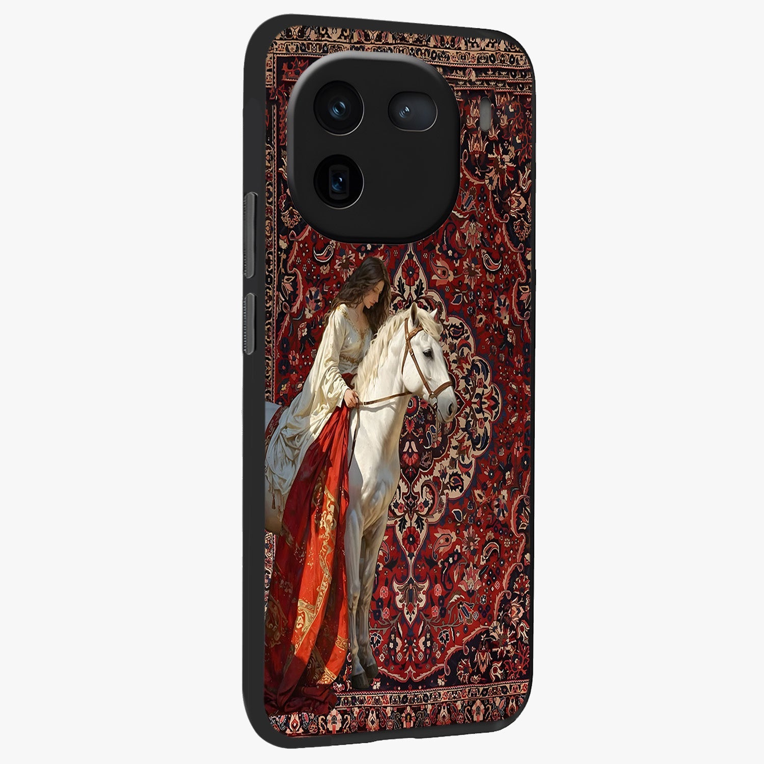 Royal Rider Tapestry Glass Case upright view showcasing detailed rider artwork with classic tapestry theme.