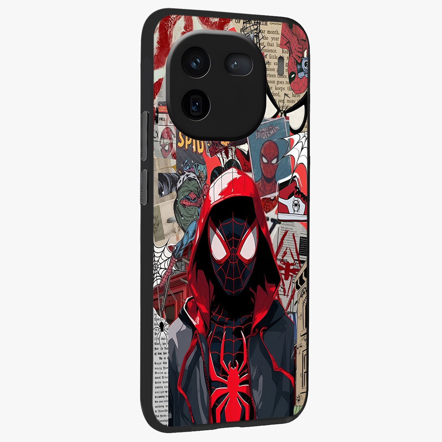 Spider Collage Street Glass Case upright view showcasing bold superhero artwork with urban street theme.
