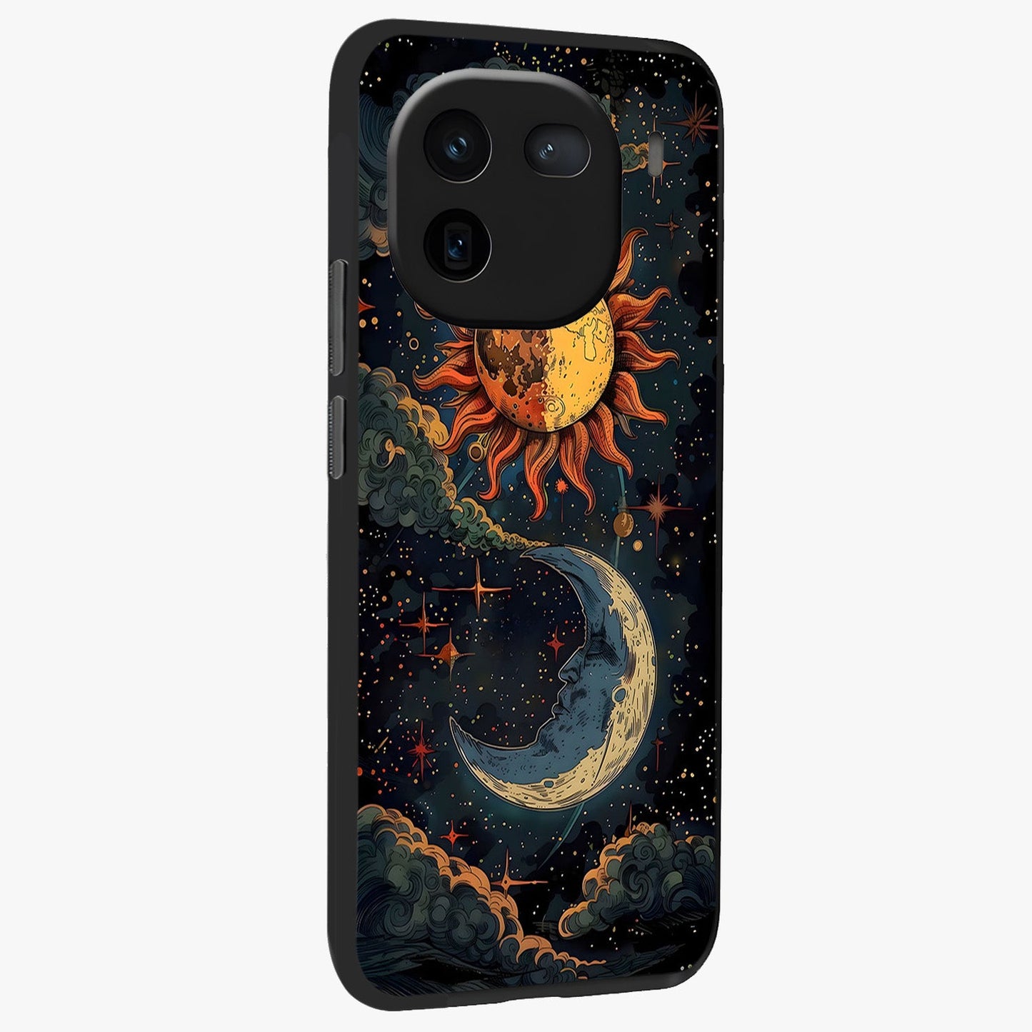 Sun And Moon Magic Design Glass Case upright view showcasing decorative sun and moon artwork with spiritual celestial theme.