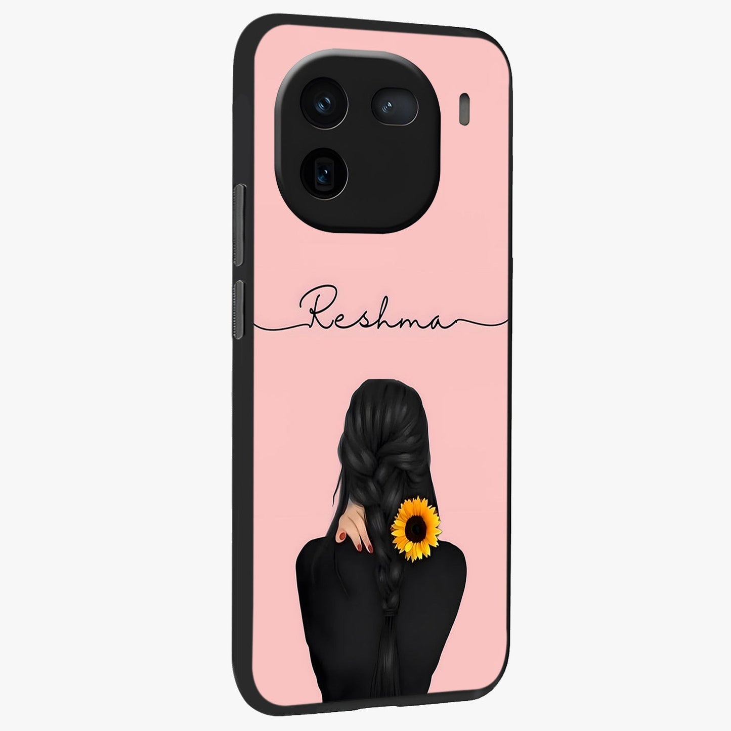 Sunflower Braid Beauty With Custom Name Glass Case upright view showcasing bright sunflower artwork with personalized floral aesthetic.