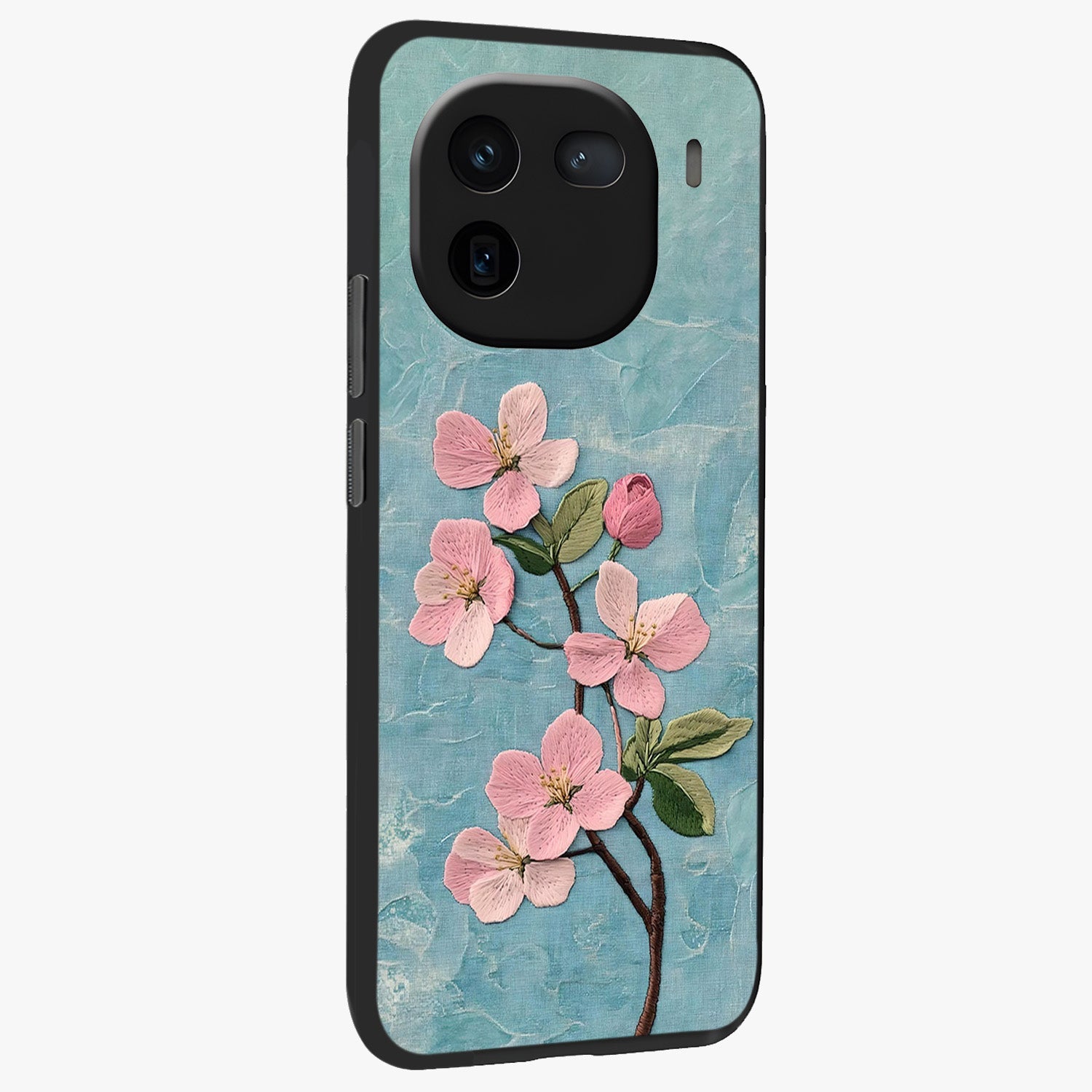 Threaded Blossom Breeze Glass Case upright view showcasing graceful flower artwork with calm botanical theme.