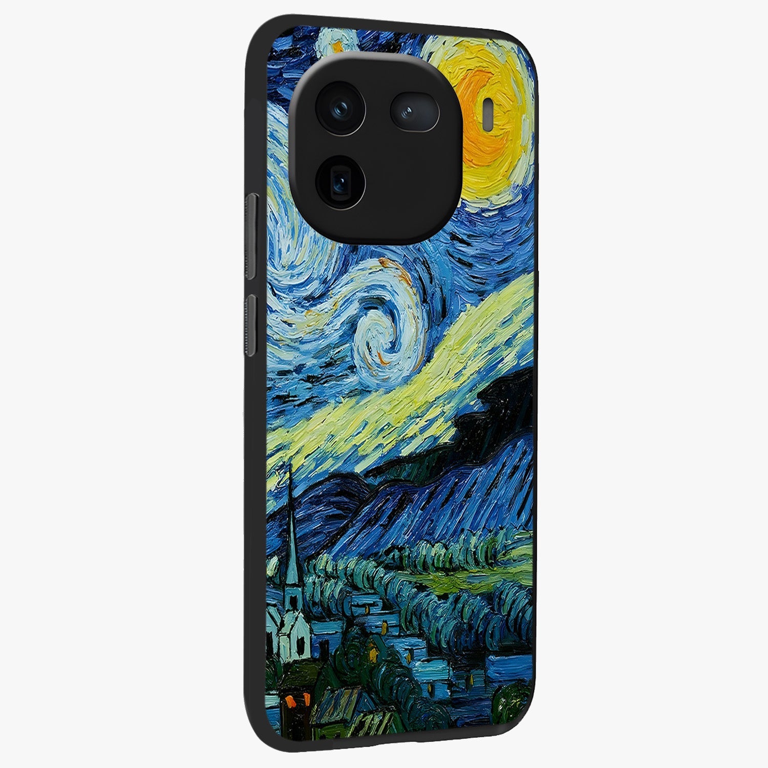 Van Gogh Art Glass Case upright view showcasing expressive painting style artwork with timeless artistic theme.