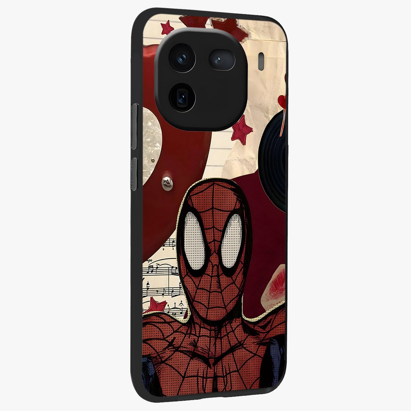 Web Warrior Vibes Glass Case upright view showcasing energetic superhero artwork with bold action theme.