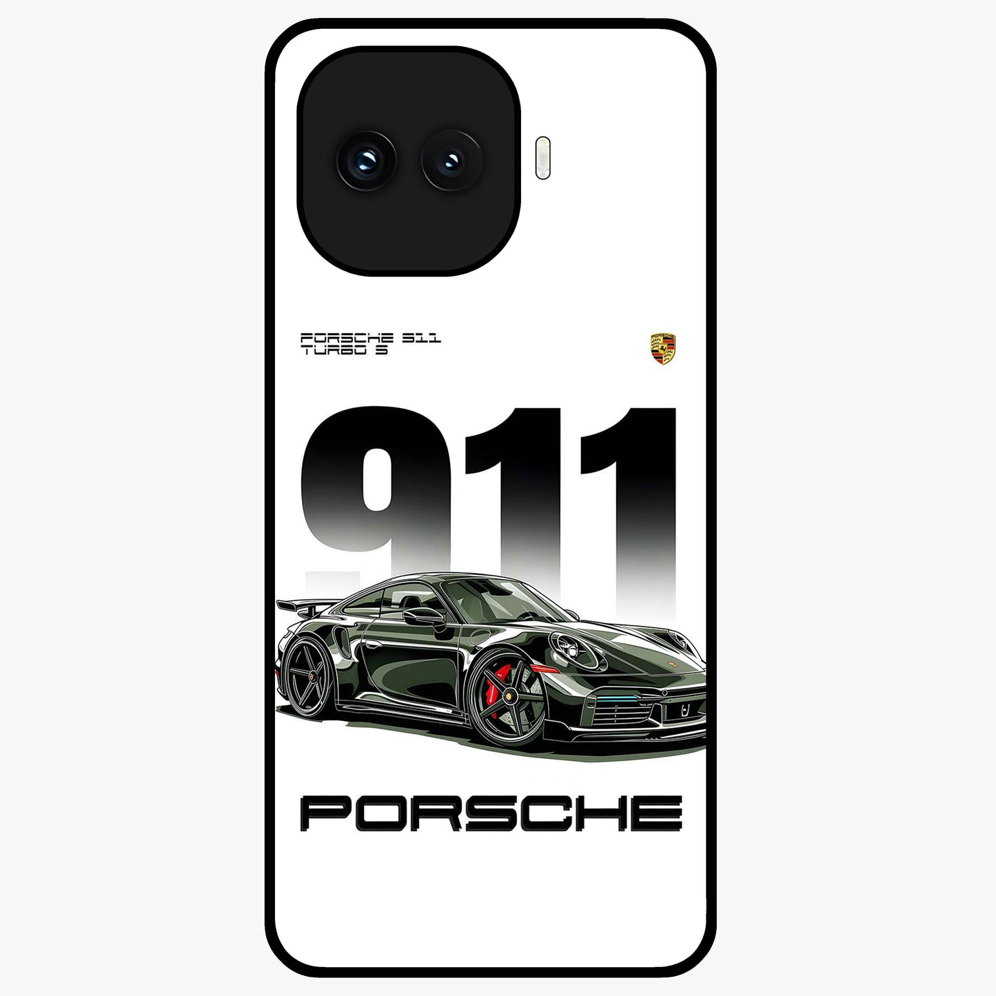 911 Turbo Dominance Glass Case showing clean flat back view with bold 911 sports car artwork and glossy glass finish.