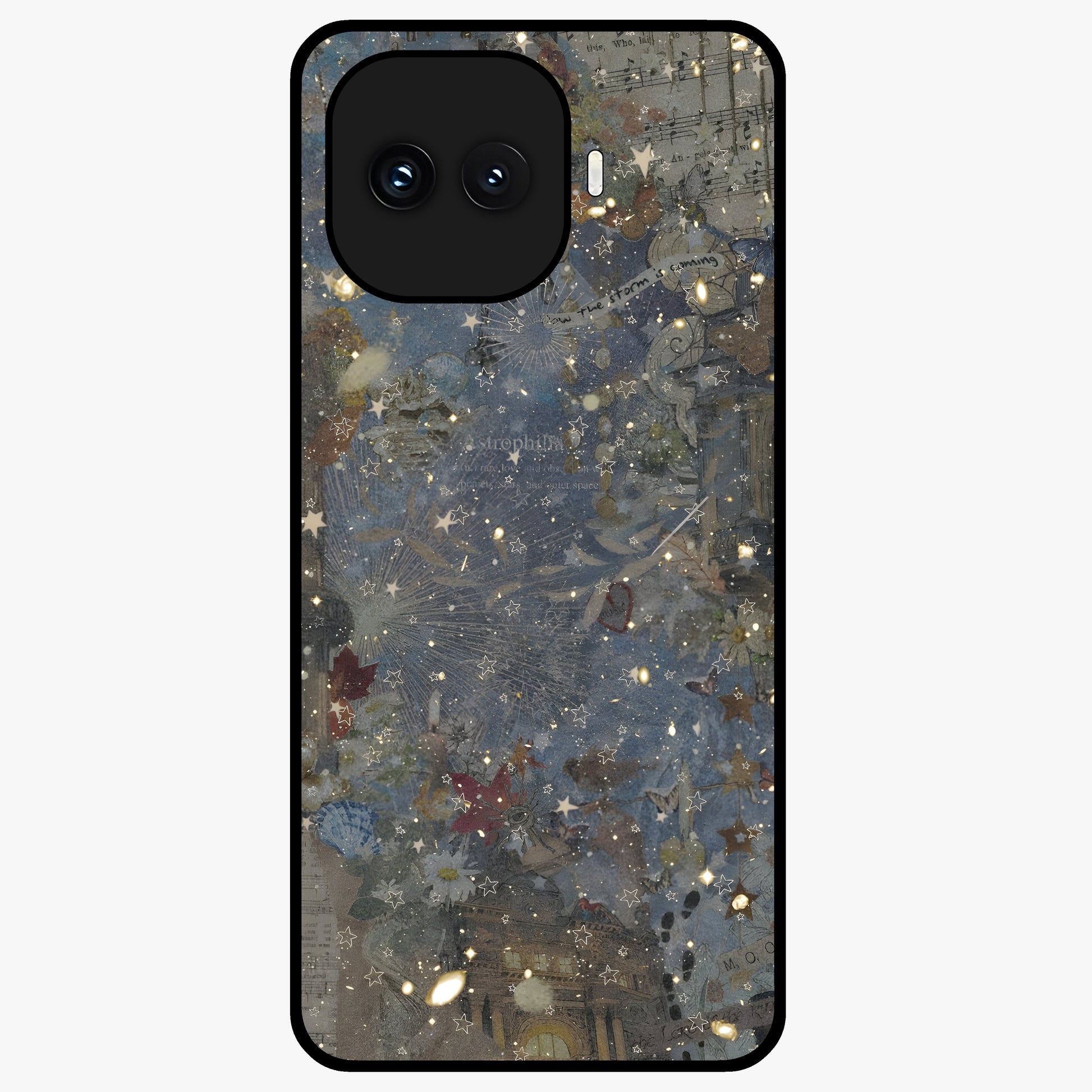 Aesthetic Astrolophia Glass Case showing flat back view with dreamy aesthetic design and glossy glass finish.
