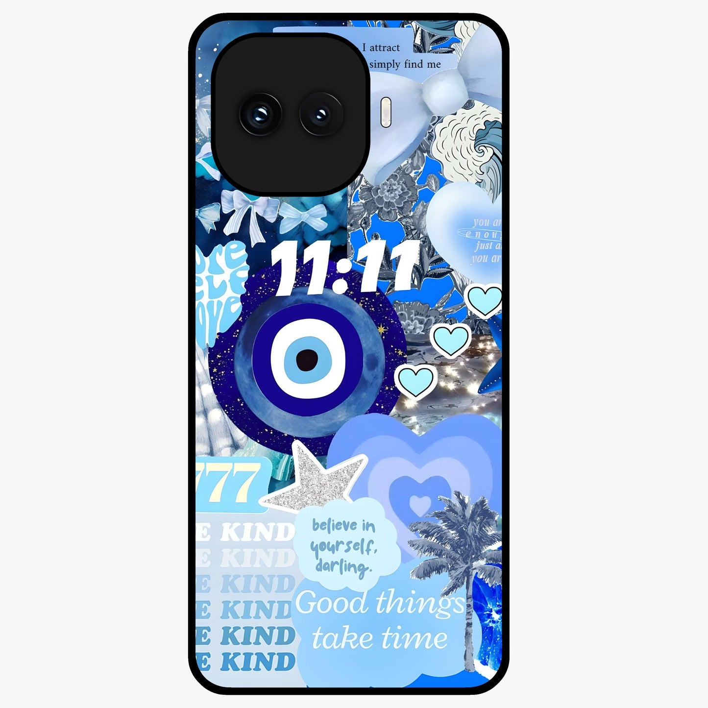 Aesthetic Be Kind Eye Glass Case showing flat back view with motivational eye artwork and glossy glass finish.