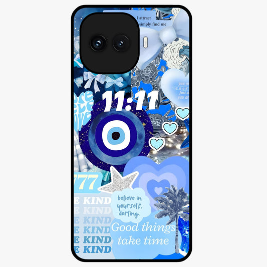Aesthetic Be Kind Eye Glass Case showing flat back view with motivational eye artwork and glossy glass finish.