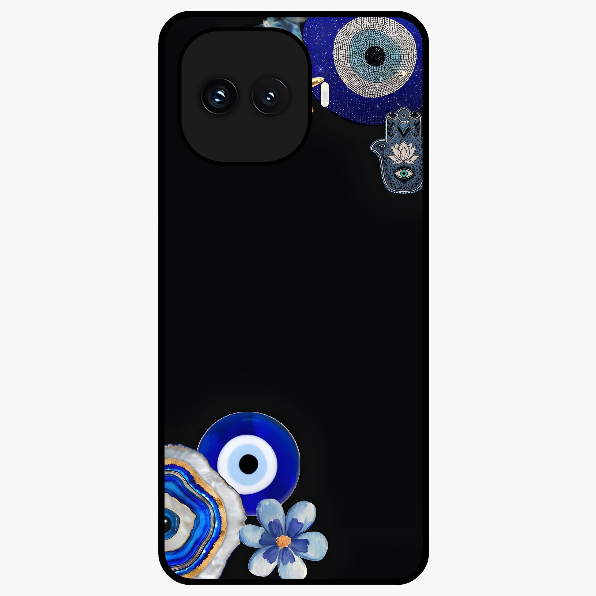 Aesthetic Blue Evil Eye Glass Case showing flat back view with protective evil eye artwork and glossy glass finish.