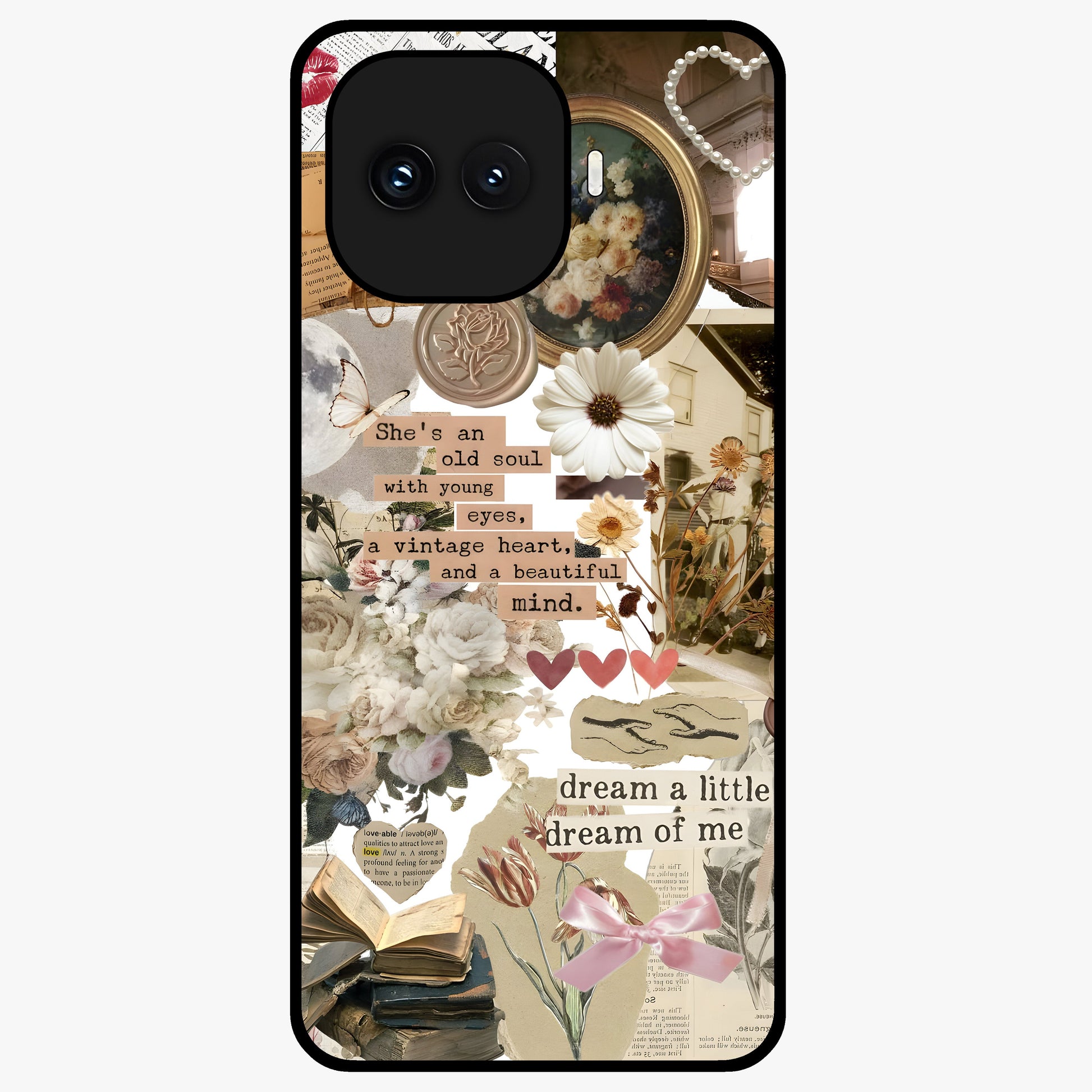 Aesthetic Brown Vintage Collage Glass Case showing flat back view with retro collage artwork and glossy glass finish.