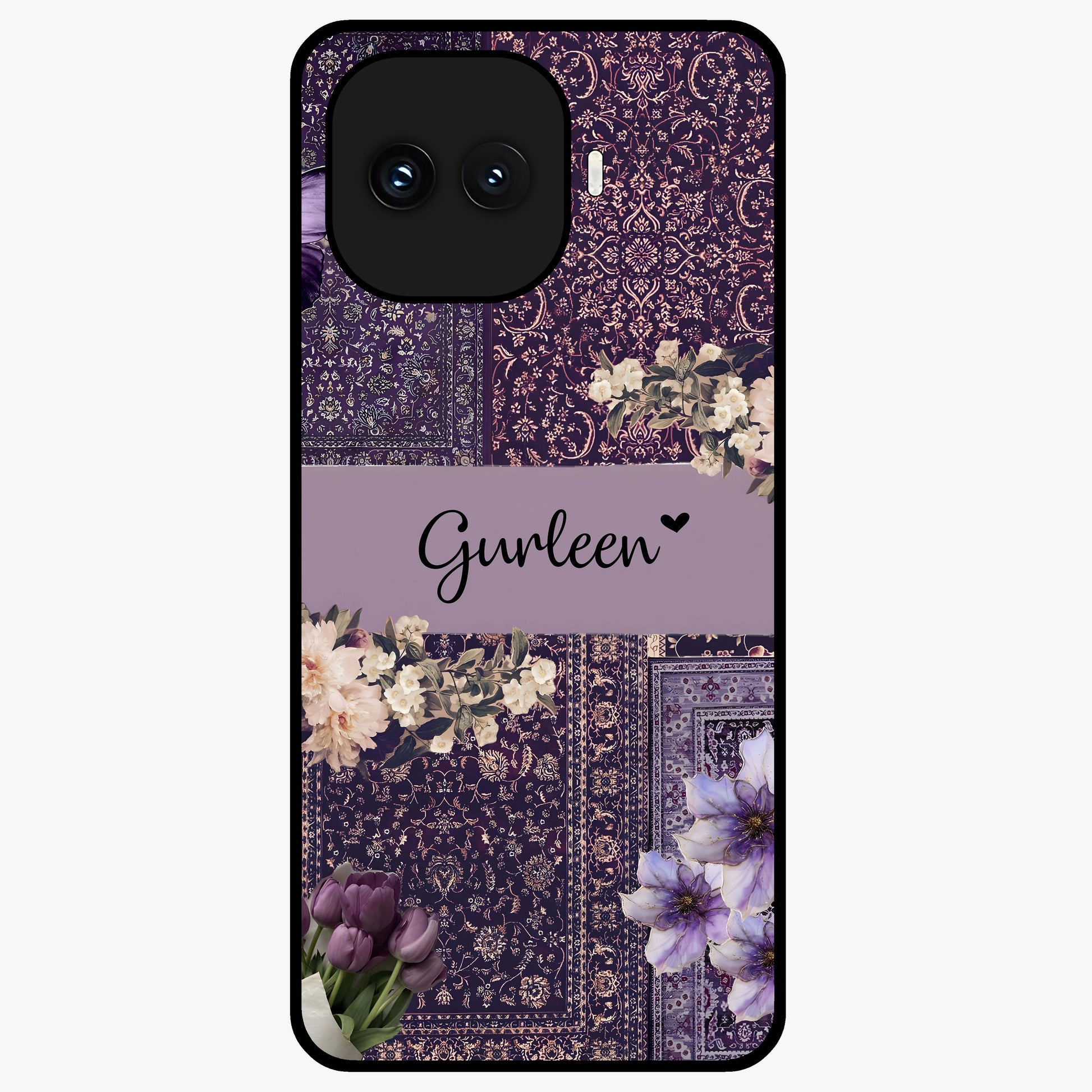 Antique Floral Whisper Custom Name Glass Case showing flat back view with vintage floral artwork and personalized name design.