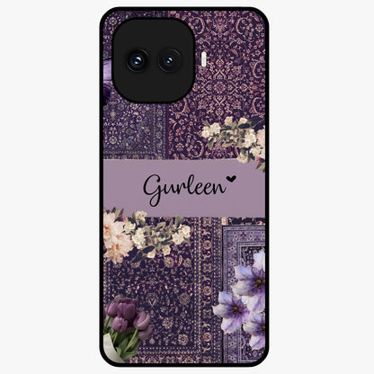 Antique Floral Whisper Custom Name Glass Case showing flat back view with vintage floral artwork and personalized name design.