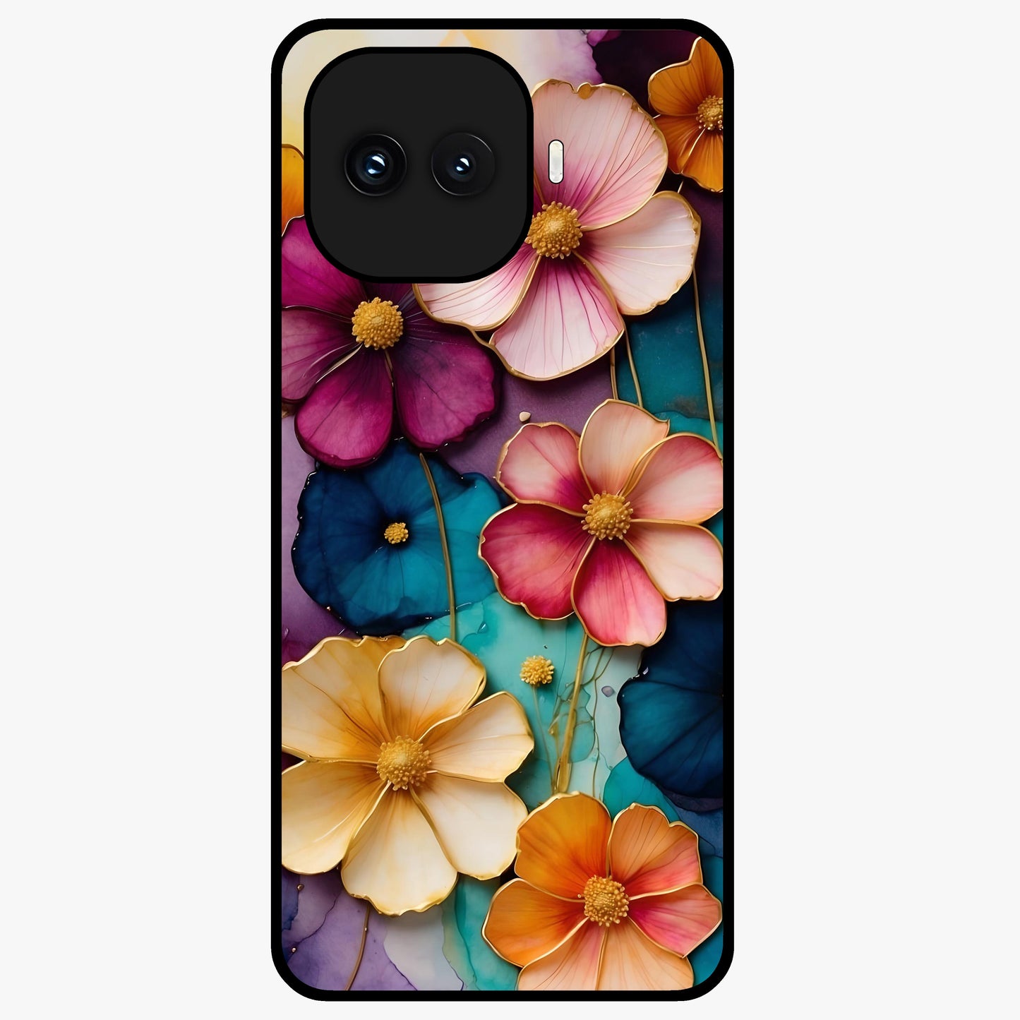 Artlyn Grace Flower Pattern Glass Case showing flat back view with elegant floral pattern artwork and glossy glass finish.
