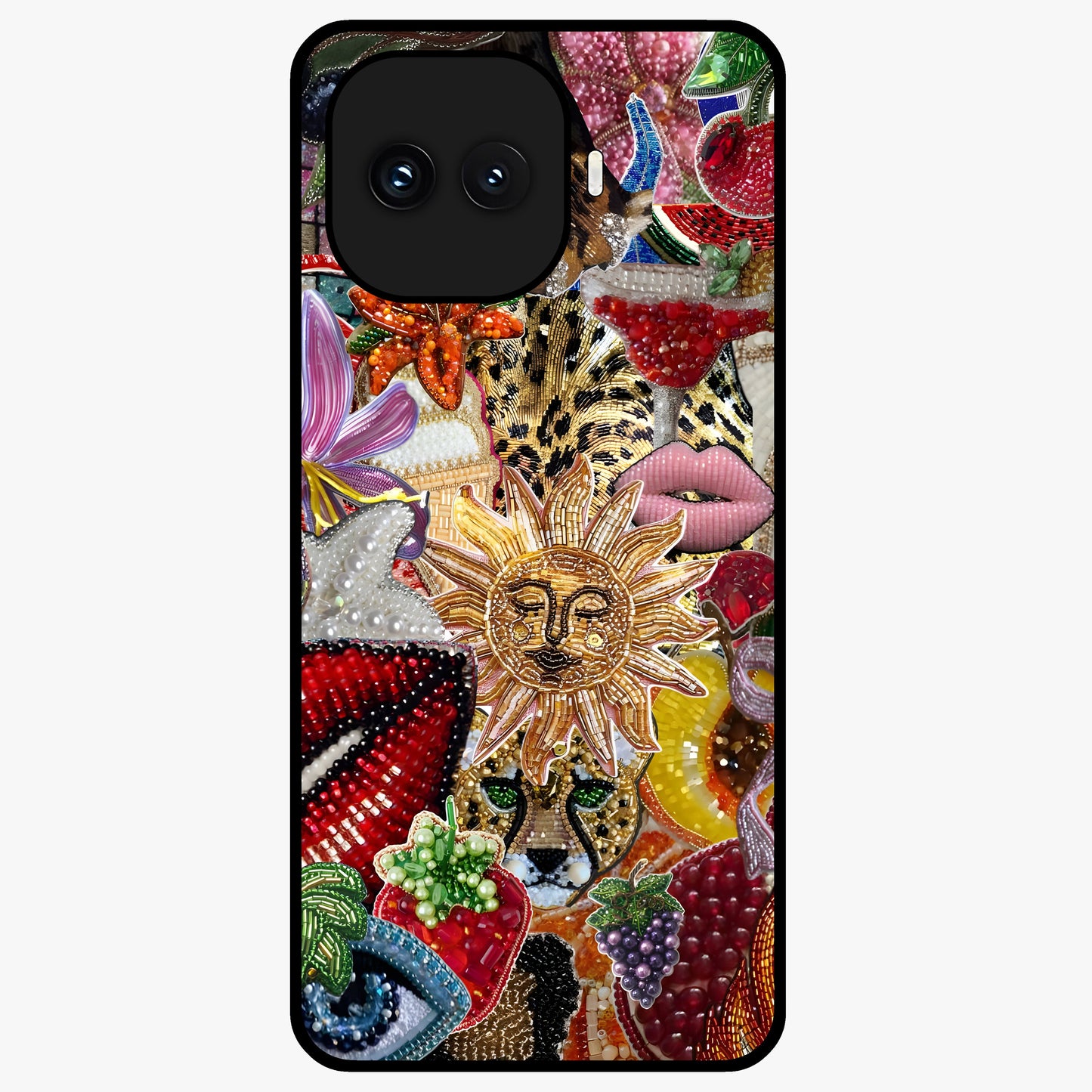 Beaded Fashion Jungle Glass Case showing flat back view with vibrant jungle inspired bead artwork and glossy glass finish.