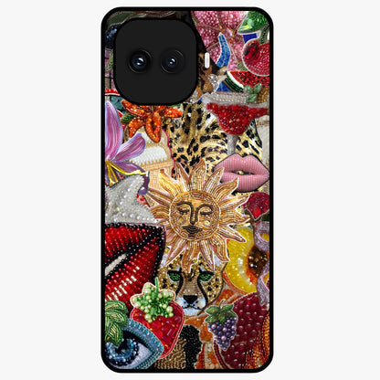 Beaded Fashion Jungle Glass Case showing flat back view with vibrant jungle inspired bead artwork and glossy glass finish.