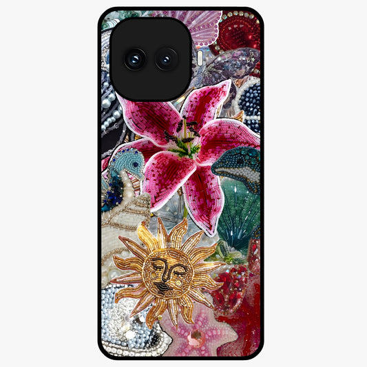 Beaded Garden Fantasy Glass Case showing flat back view with dreamy garden bead artwork and glossy glass finish.