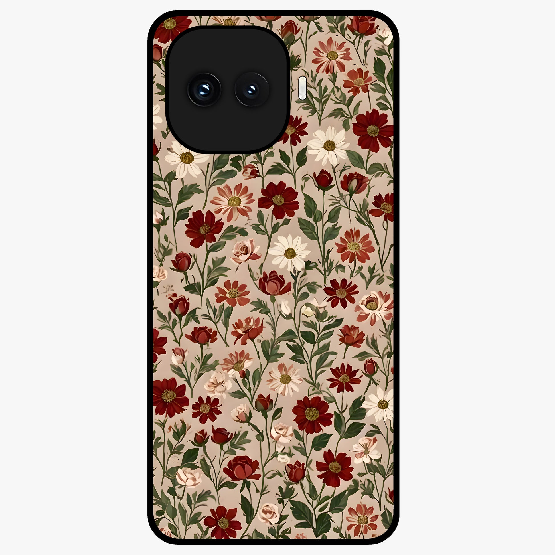Biege Flower With Leaf Glass Case showing flat back view with soft beige floral artwork and glossy glass finish.